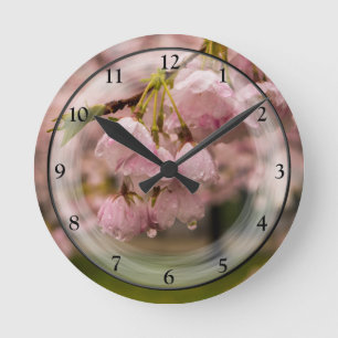 Cherry Blossoms and Rain Drops Round Clock