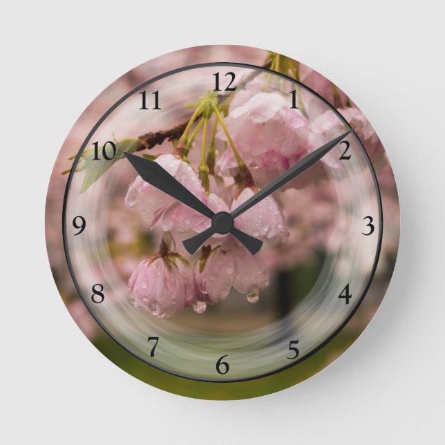 Cherry Blossoms and Rain Drops Round Clock (Front)