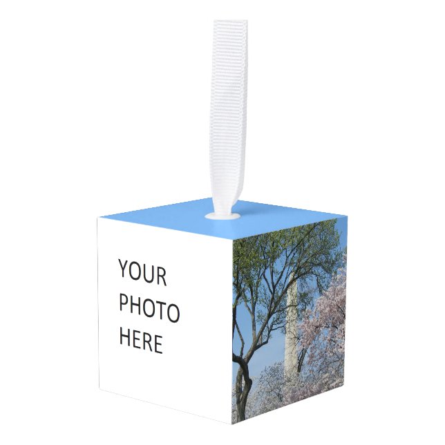 Cherry Blossoms and the Washington Monument in DC Cube Ornament (Front Angled)