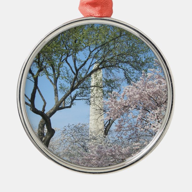 Cherry Blossoms and the Washington Monument in DC Metal Ornament (Front)