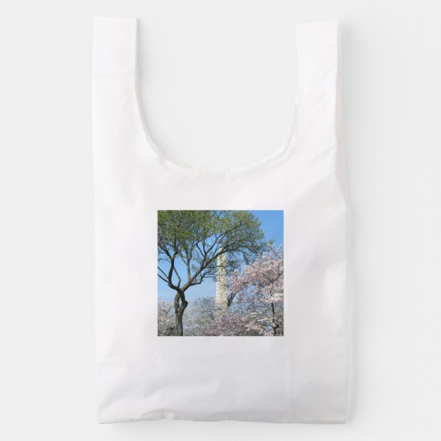 Cherry Blossoms and the Washington Monument in DC Reusable Bag (Front)