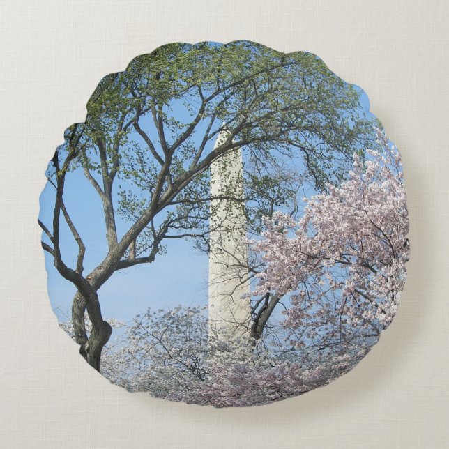Cherry Blossoms and the Washington Monument in DC Round Pillow (Front)