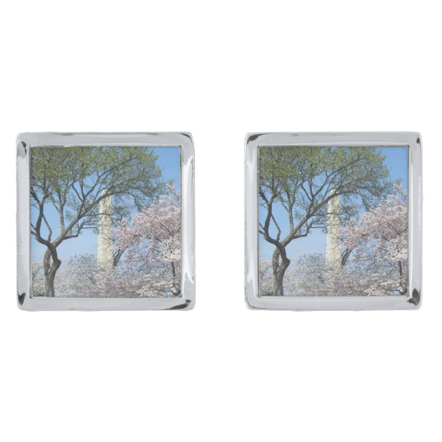 Cherry Blossoms and the Washington Monument in DC Silver Cufflinks (Front)
