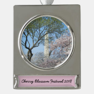 Cherry Blossoms and the Washington Monument in DC Silver Plated Banner Ornament