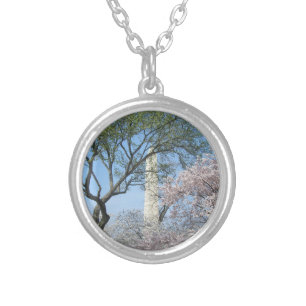 Cherry Blossoms and the Washington Monument in DC Silver Plated Necklace