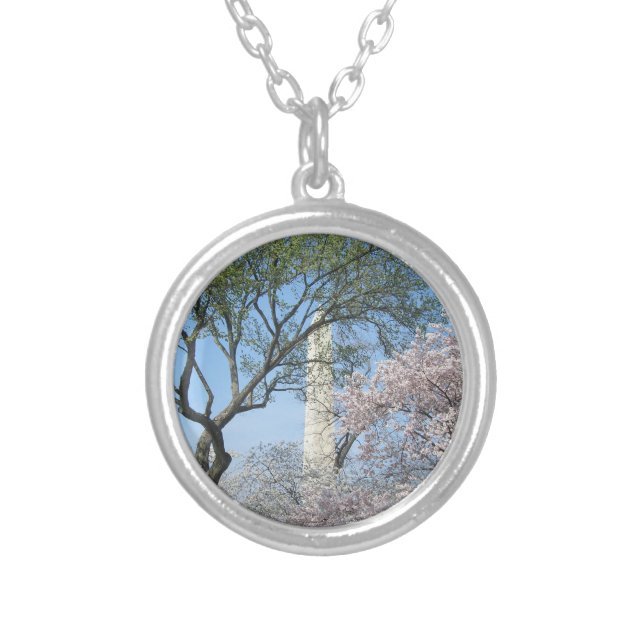 Cherry Blossoms and the Washington Monument in DC Silver Plated Necklace (Front)