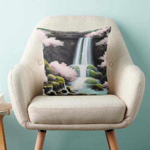  Cherry Blossoms And Waterfall In Japan Throw Pillow