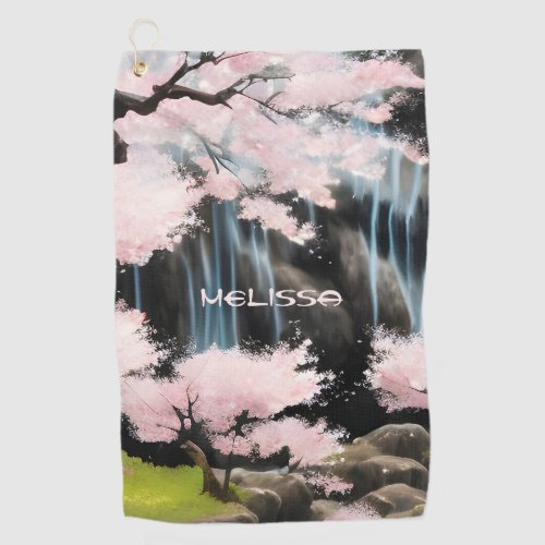  Cherry Blossoms And Waterfall  Monogram Golf Towel