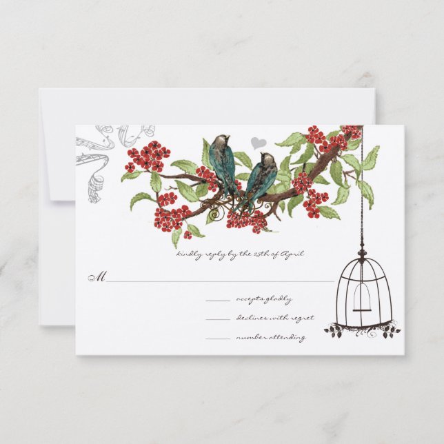 Cherry Blossoms Aqua Birds and Birdcage RSVP (Front)