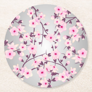 Cherry Blossoms Asia Floral Pink Gray Round Paper Coaster