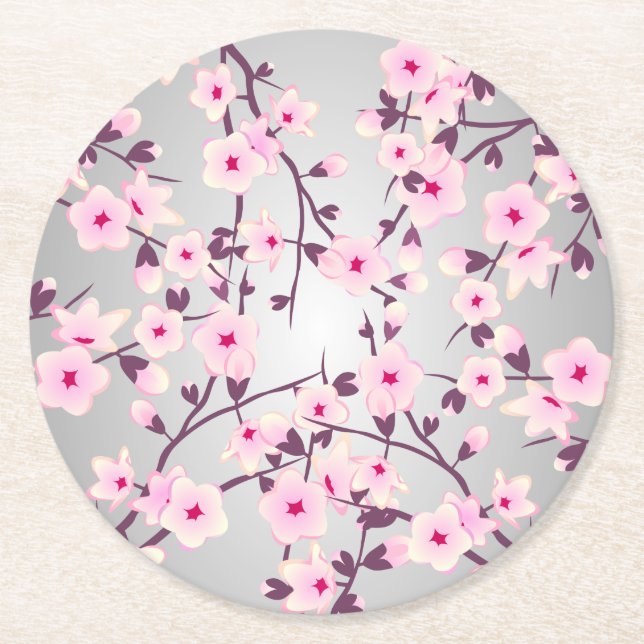 Cherry Blossoms Asia Floral Pink Gray Round Paper Coaster (Front)