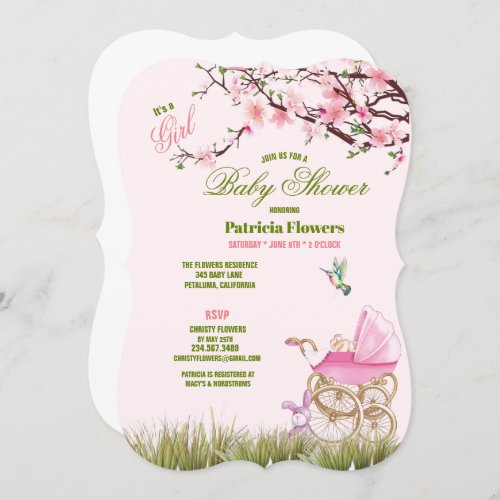 Cherry Blossoms  Baby Girl Buggy _ Baby Shower In Invitation
