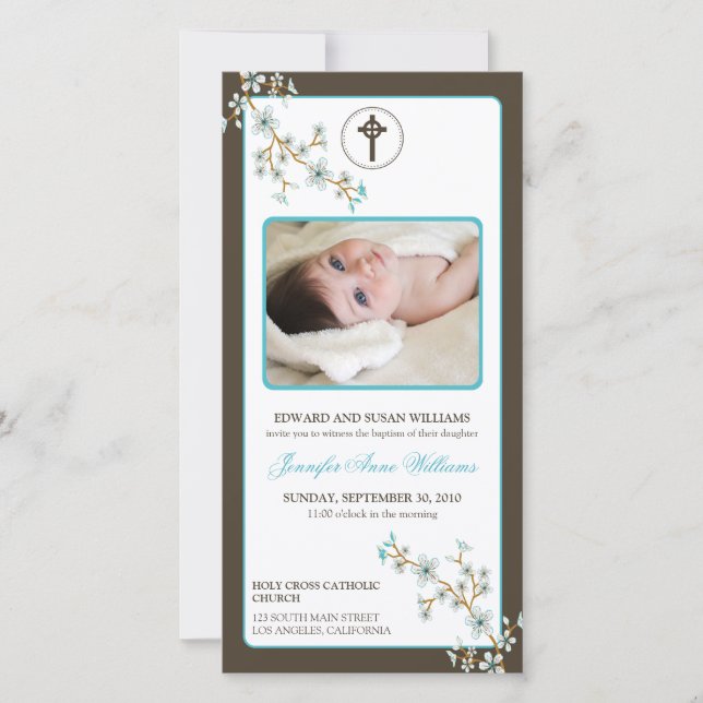 Cherry Blossoms Baptism Announcement (aqua) (Front)