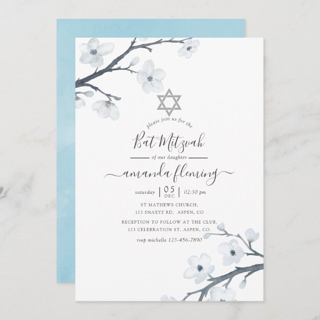Cherry Blossoms Bat Mitzvah Invitation (Front/Back)