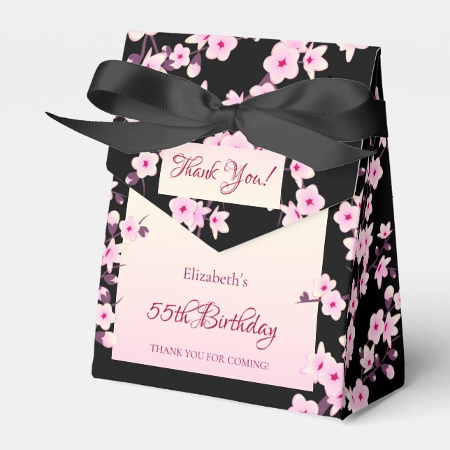 Cherry Blossoms Black Pink Birthday Favor Boxes (Front Side)