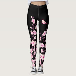 Cherry Blossoms | Black Pink Floral Leggings