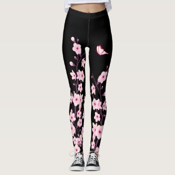Cherry Blossoms | Black Pink Floral Leggings by NinaBaydur at Zazzle