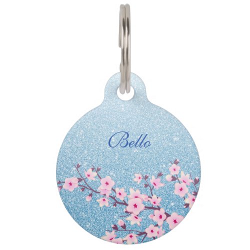 Cherry Blossoms Blue Glitter Add Name Pet ID Tag
