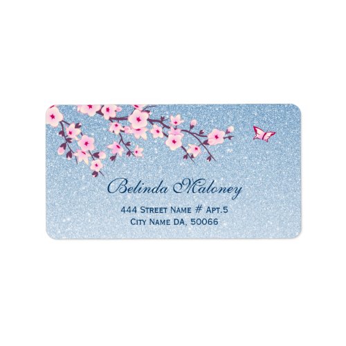 Cherry Blossoms Blue Glitter Label