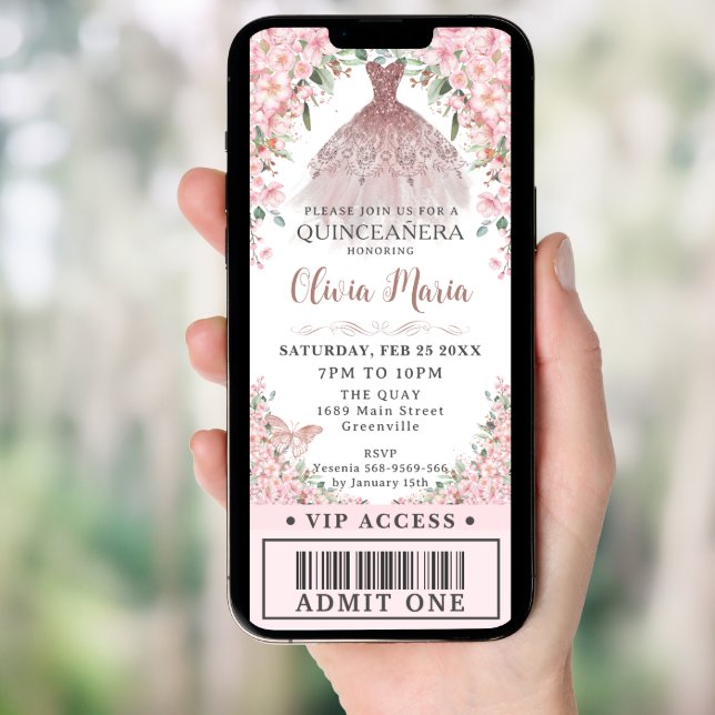 Cherry Blossoms Blush Dress Quinceañera VIP Ticket Invitation (Front Digital)