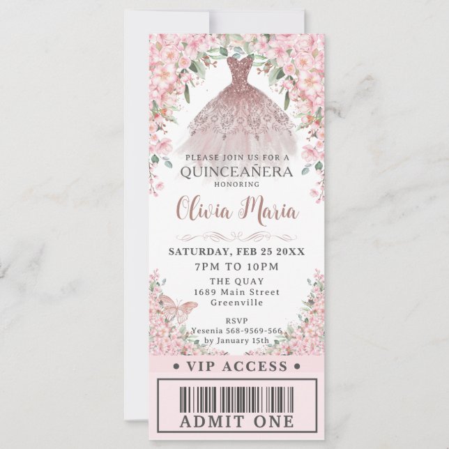 Cherry Blossoms Blush Dress Quinceañera VIP Ticket Invitation (Front)