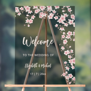 Cherry Blossoms Blush Pink Black Wedding Acrylic Sign