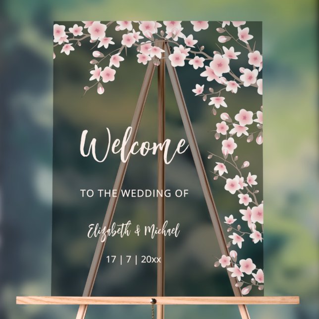 Cherry Blossoms Blush Pink Black Wedding Acrylic Sign (Neutral)