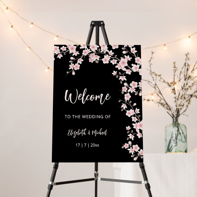 Cherry Blossoms Blush Pink Black Wedding Foam Board (In Situ (Stand))