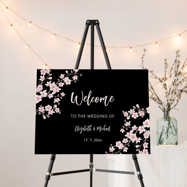 Cherry Blossoms Blush Pink Black Wedding Foam Board (In Situ (Stand))