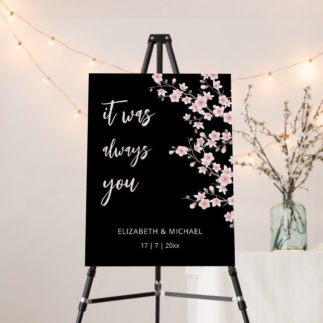 Cherry Blossoms Blush Pink Black Wedding Foam Board (In Situ (Stand))