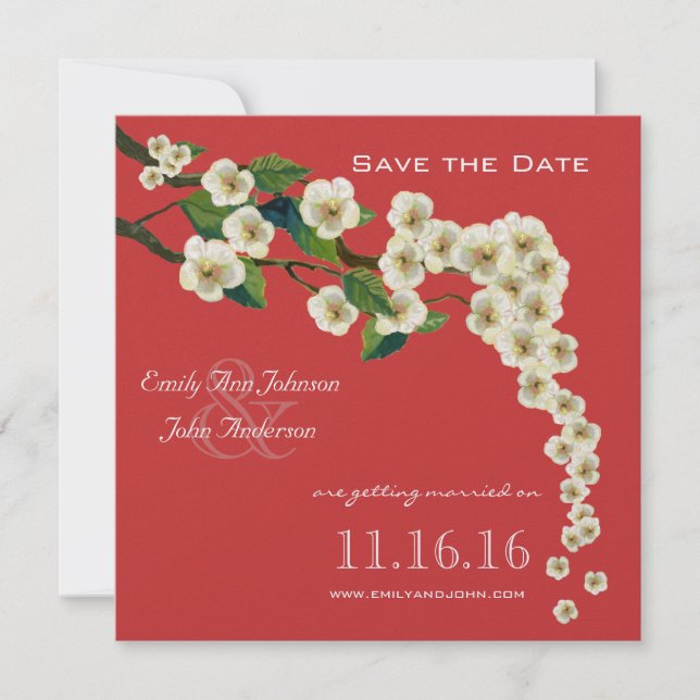 Cherry Blossoms Branch Red Save the Date Invitation (Front)