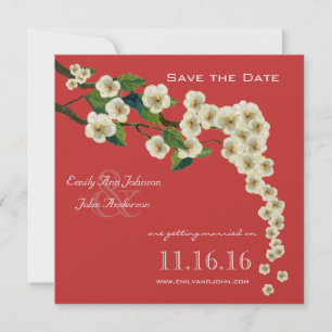 Cherry Blossoms Branch Red Save the Date Invitation