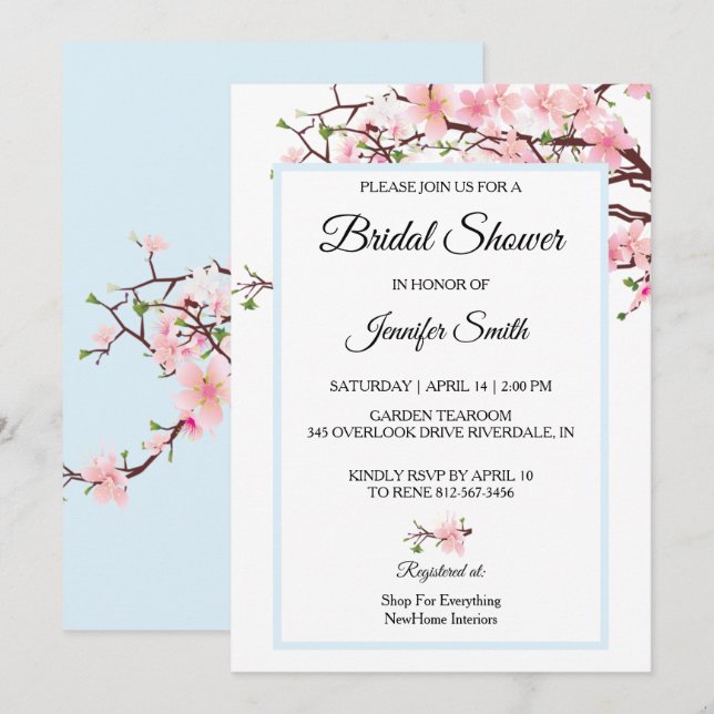 Cherry Blossoms Bridal Shower Pink Blue Card (Front/Back)