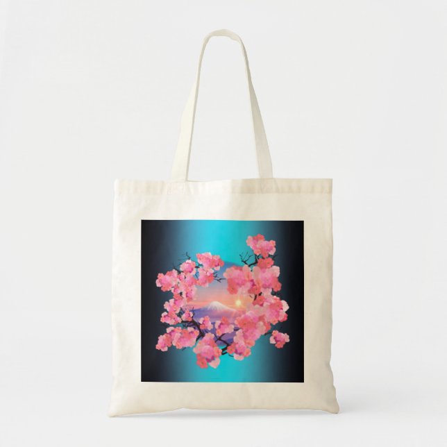 Cherry Blossoms by Mount Fuji in blue Tote Bag (Front)