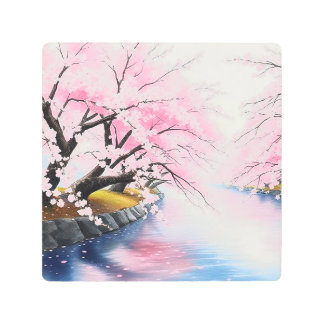 Cherry Blossoms by the Riverbank Metal Print