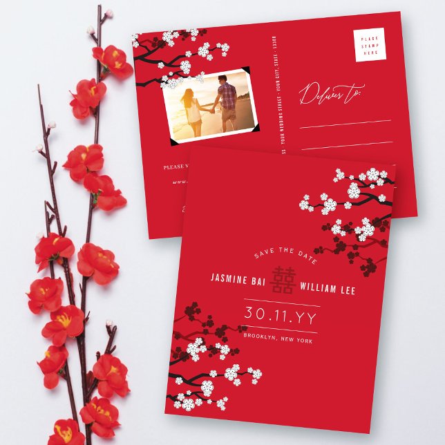 Cherry Blossoms Chic Chinese Wedding Save The Date Invitation Postcard (White Cherry Blossoms On Red, Double Happiness Chinese Wedding Save The Date Postcard @ fat_fa_tin)