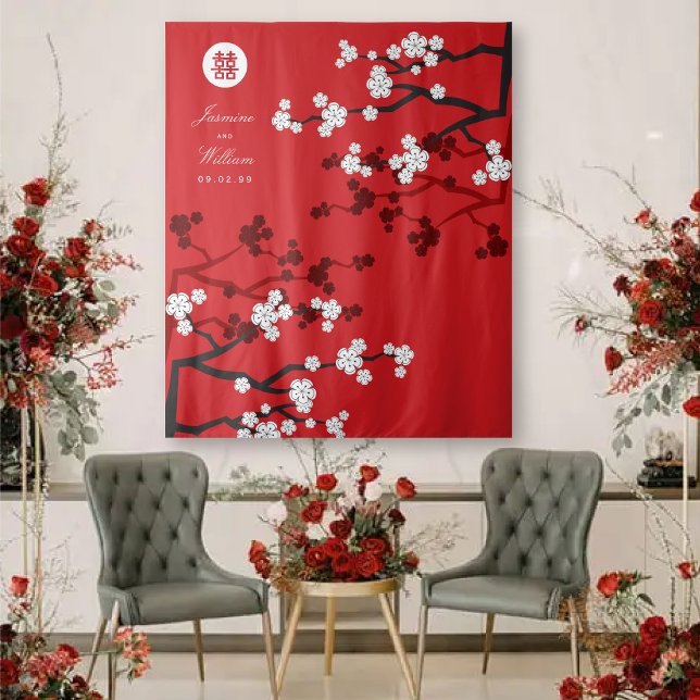 Cherry Blossoms Chinese Wedding Red Photo Backdrop (White/Red Cherry Blossoms Double Happiness, Chinese Wedding Backdrop Tapestry @ fatfatin_red_knot)