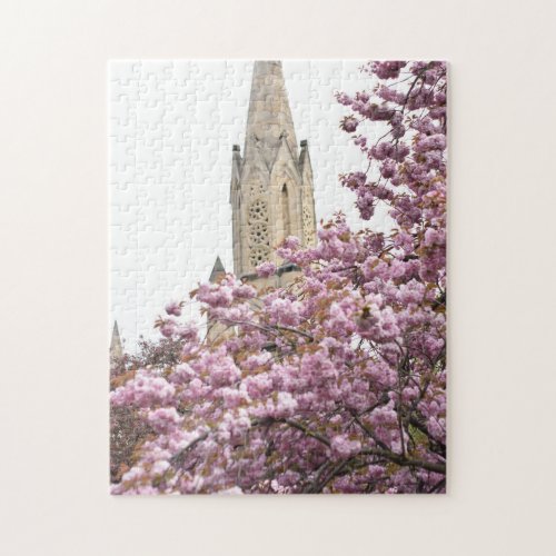 Cherry Blossoms Church Steeple Islington London UK Jigsaw Puzzle