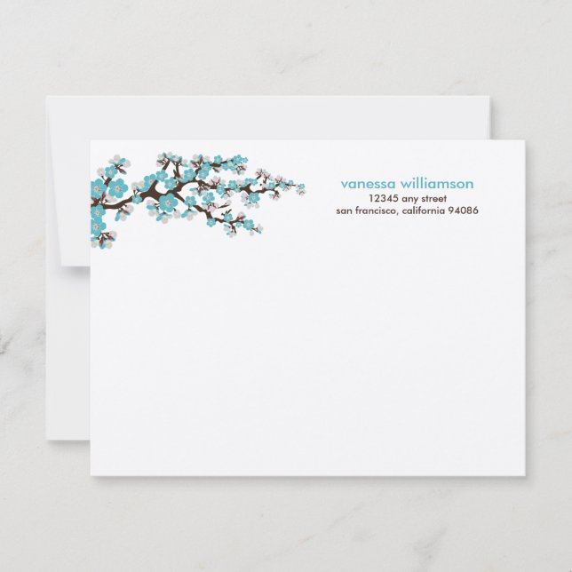 Cherry Blossoms Custom Flat Note Cards (aqua) (Front)