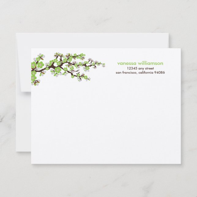 Cherry Blossoms Custom Flat Note Cards (green) (Front)