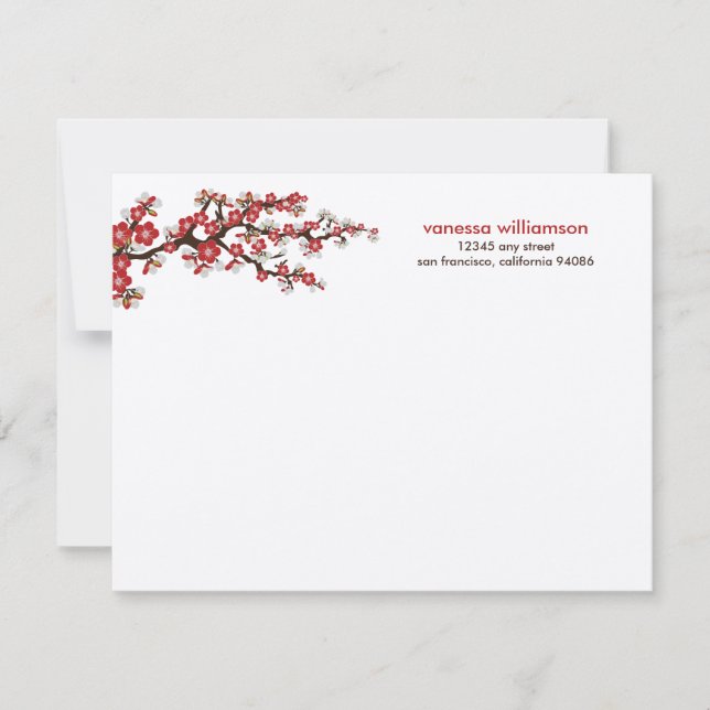 Cherry Blossoms Custom Flat Note Cards (red) (Front)