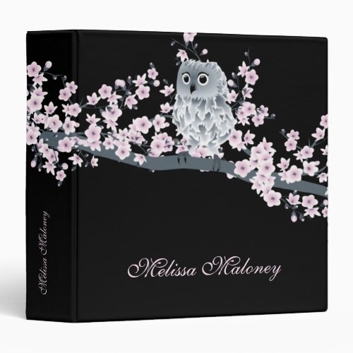 Cherry Blossoms Cute Owl Dusky Pink Black Custom  3 Ring Binder