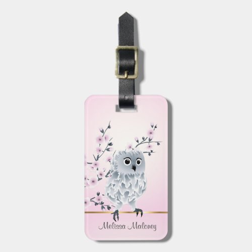 Cherry Blossoms Cute Owl Luggage Tag
