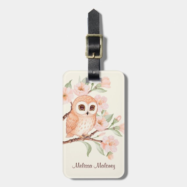 Cherry Blossoms Cute Owl Luggage Tag (Front Vertical)