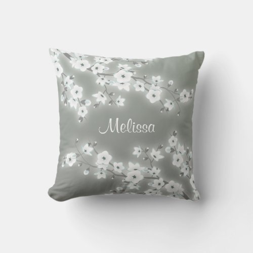 Cherry Blossoms Dark Mint White Monogram  Throw Pillow