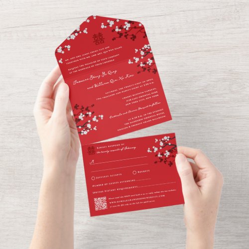Cherry Blossoms Double Happiness Chinese Wedding All In One Invitation