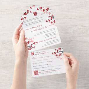 Cherry Blossoms Double Happiness Chinese Wedding All In One Invitation