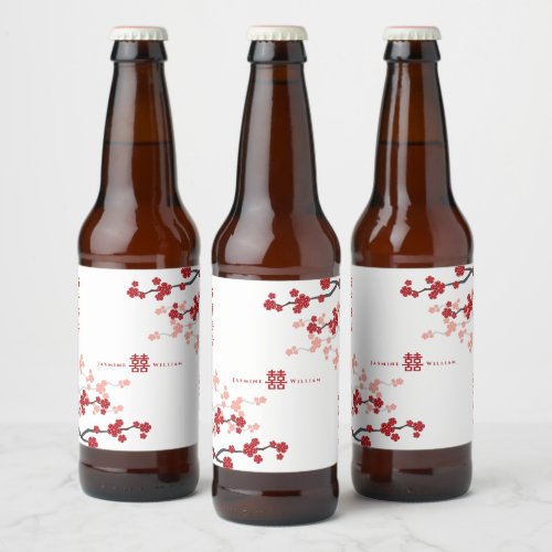 Cherry Blossoms Double Happiness Chinese Wedding Beer Bottle Label