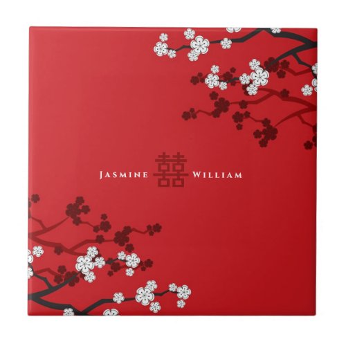 Cherry Blossoms Double Happiness Chinese Wedding Ceramic Tile