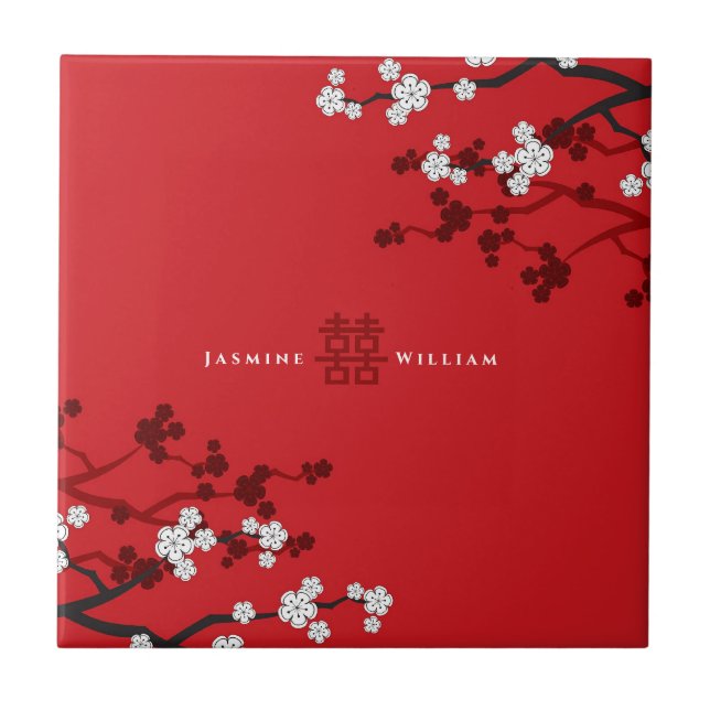 Cherry Blossoms Double Happiness Chinese Wedding Ceramic Tile (Front)
